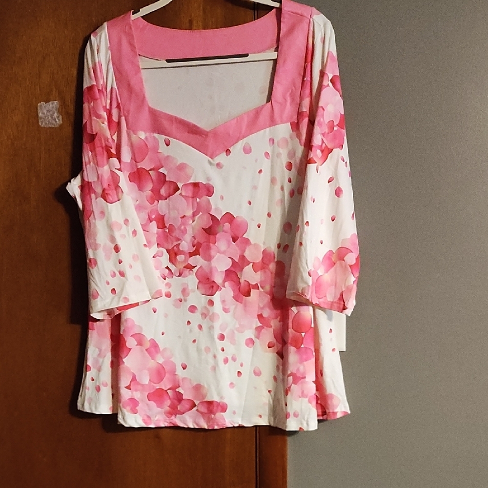 White and Pink Asymmetrical Blouse with Long Sleeves